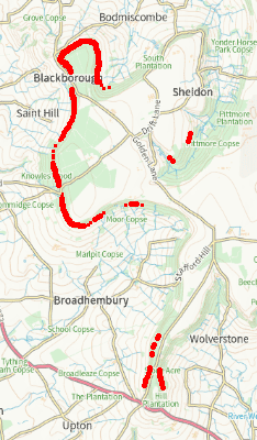 Locations of Whetstone mines, western side of the Blackdown Hills
