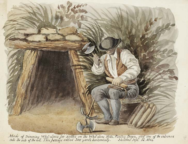 Watercolour painting of a whetstone miner, dated 1854