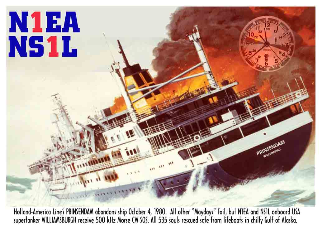 Image of QSL card with burning ship ms Prinsendam