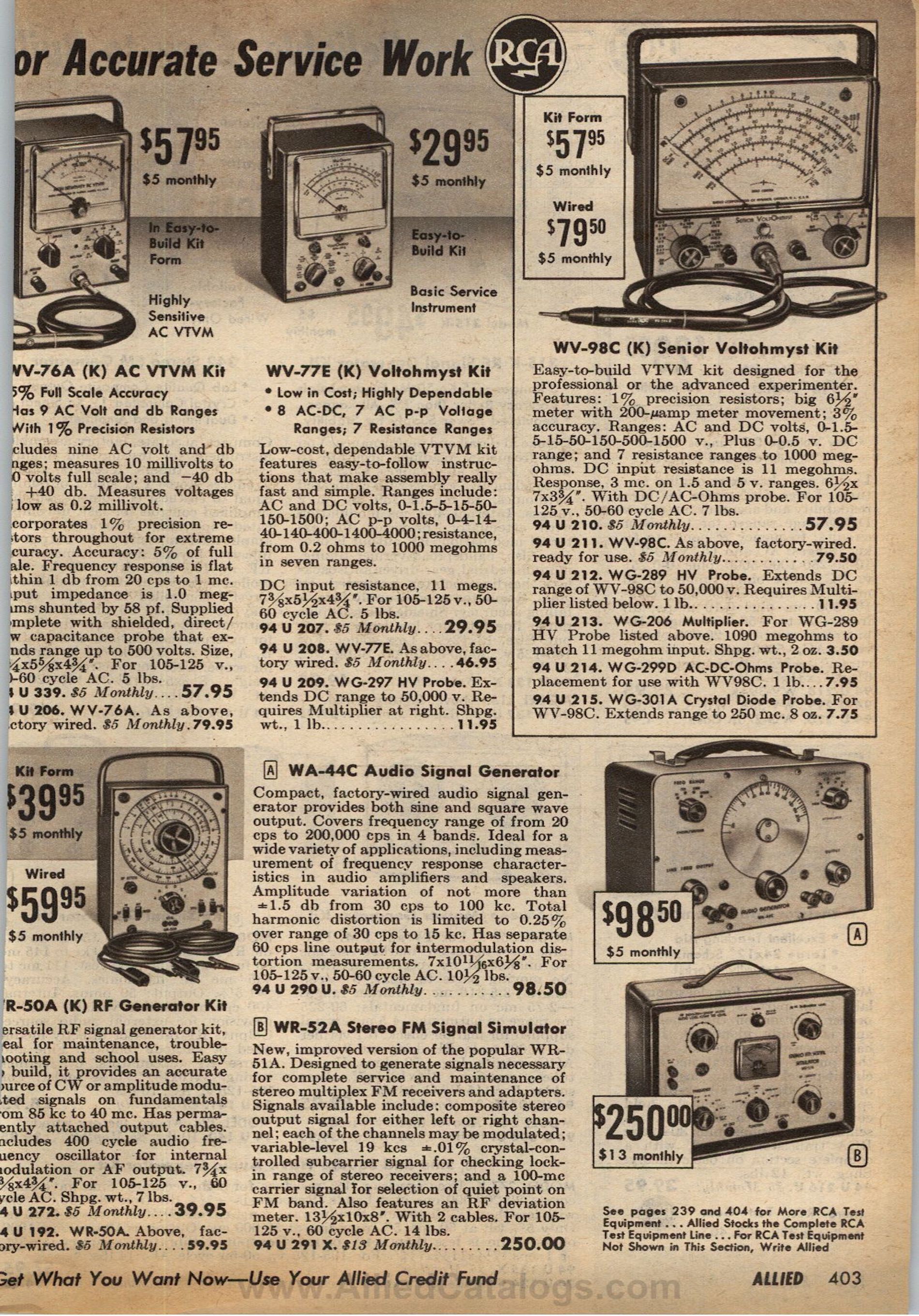 1966 Allied Radio Catalog pg 403 RCA test equipment