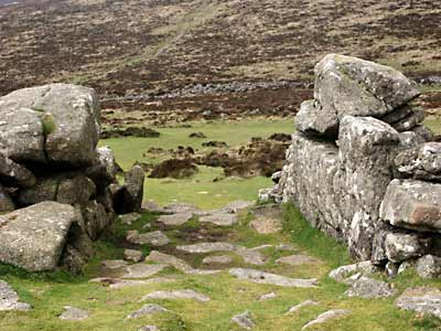 Looking into Grimspound's main entrance