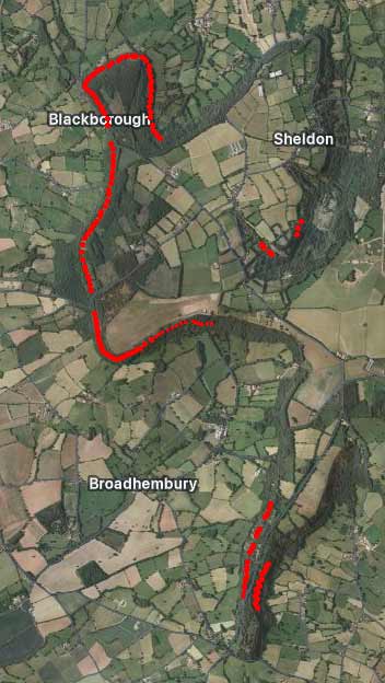 Locations of Whetstone mines, western side of the Blackdown Hills