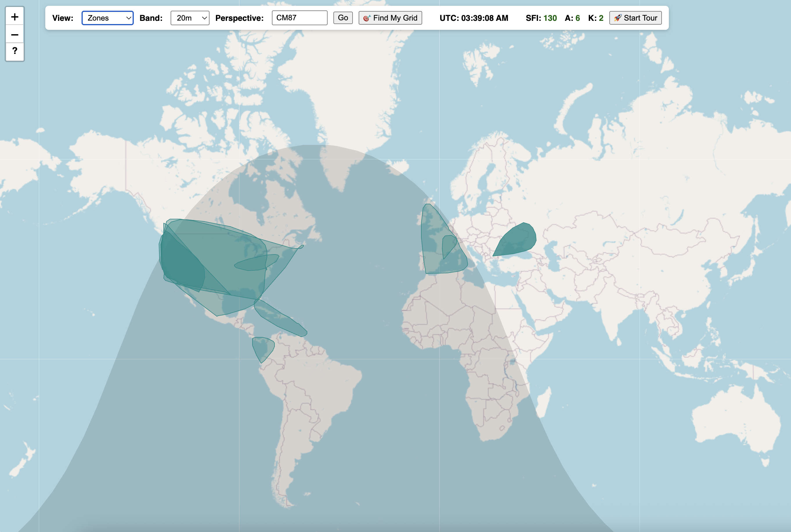 HF Propagation Zone Map showing live FT8 and CW activity