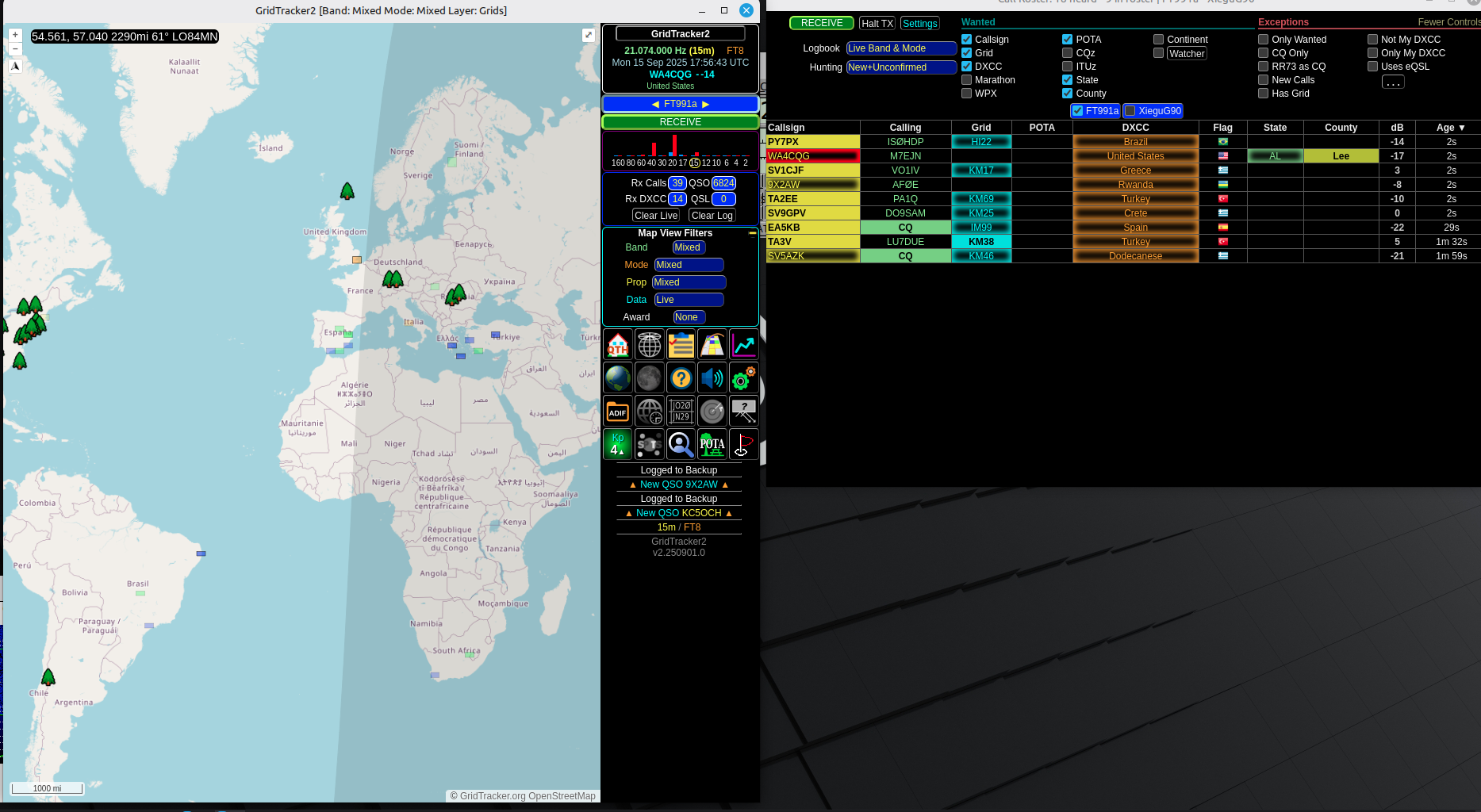 Grid Tracker with call roster showing decodes