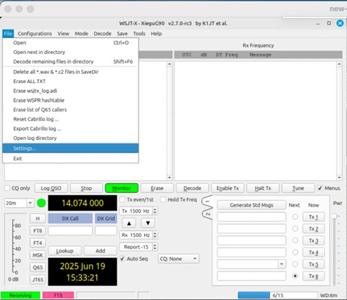WSJT-x menu
