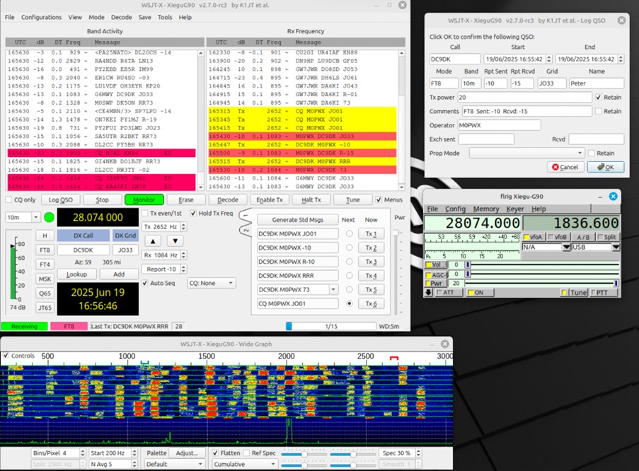WSJT-x Successful test with decodes and waterfall and Log window