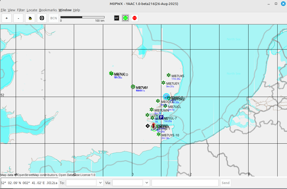 YAAC screen showing APRS decodes plotted on map