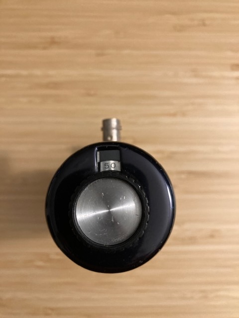 End view of the 75Ohm attenuator showing manual attenuator setting controls and indicator.