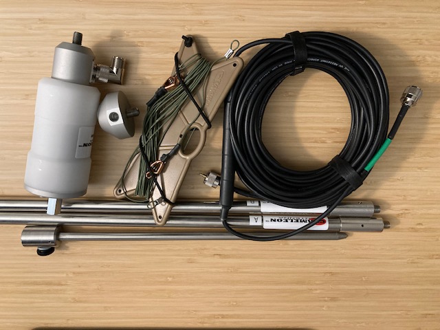 TDL Antenna Components: 2 whips, hub, hybrid, stake, coax.