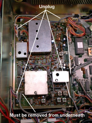 PLL unit, showing location of plugs and coaxes to be disconected,
as well as the coax (bottom left) that has to be removed from the RF unit.