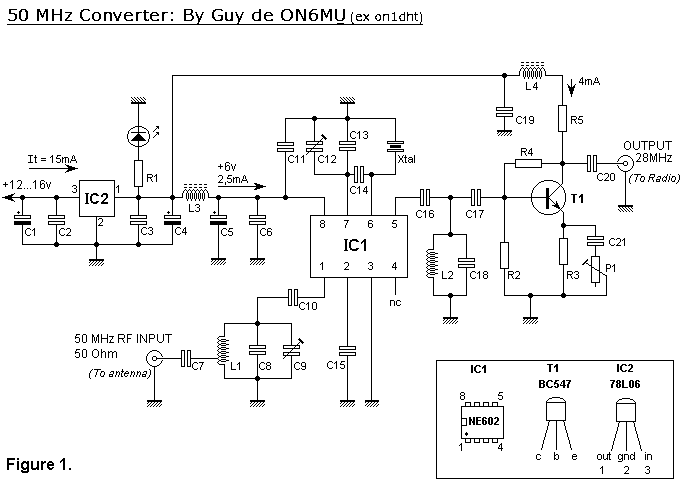 Homemade 50 Mc converter project: schematic of a SA602/NE602 based converter for 6-meterband to 10-meterband
