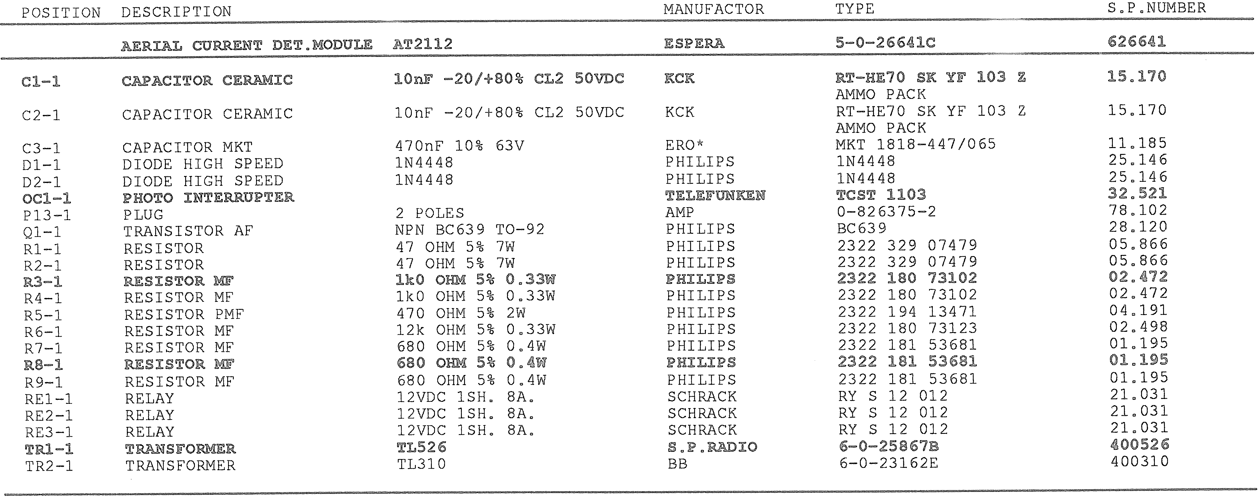 Sailor AT2112 Parts list