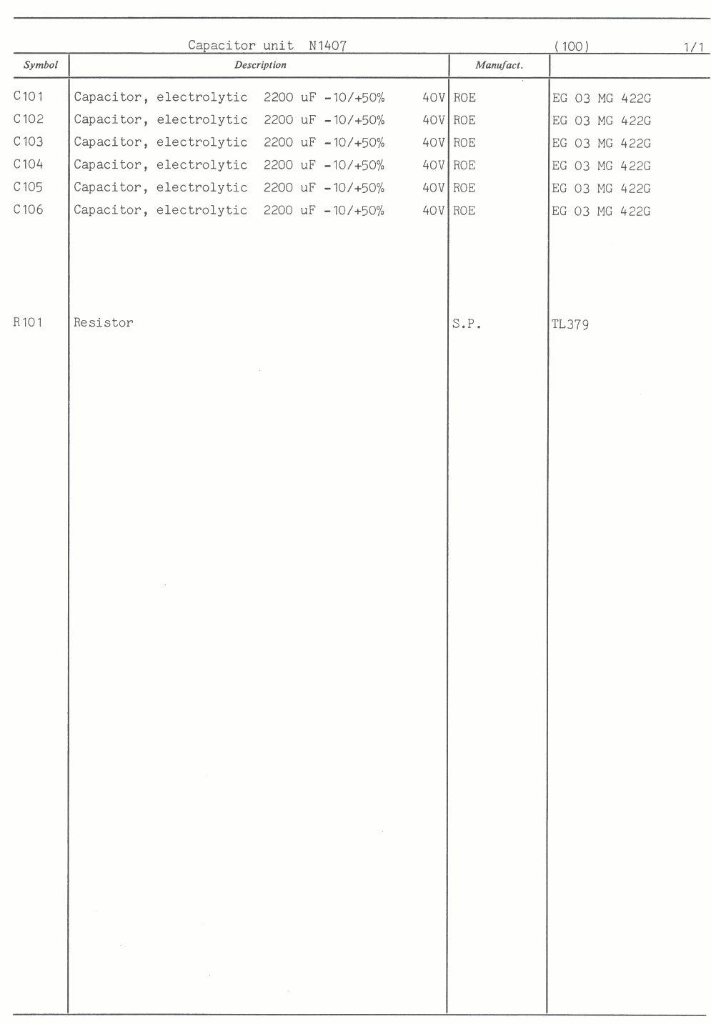 Sailor N1407 Capacitor unit  parts list 1