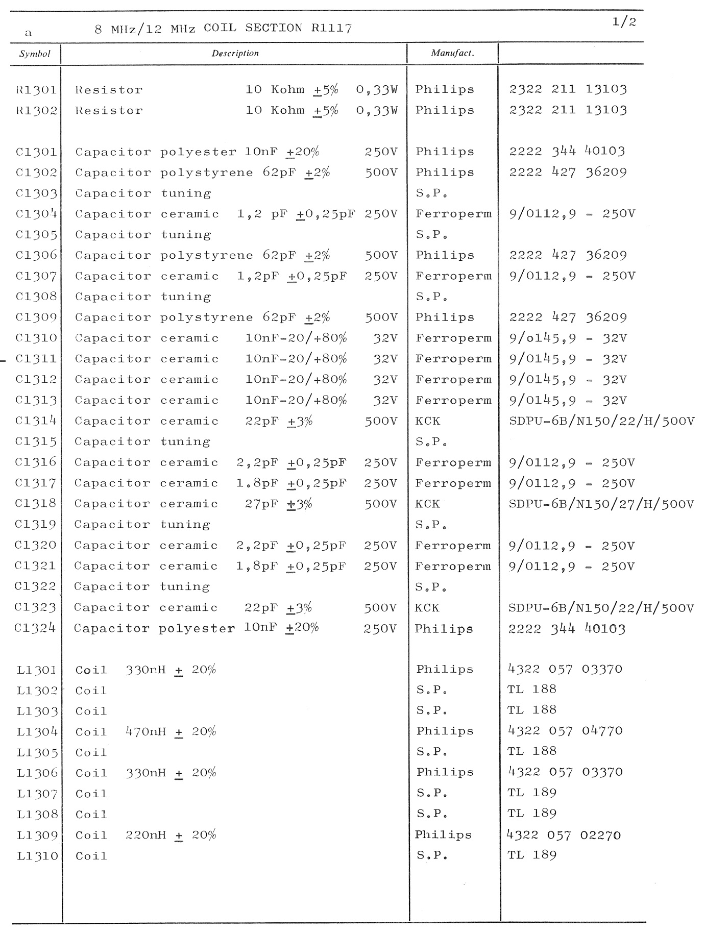 Sailor R1117 8 MHz / 12 MHz coil section unit parts list 1