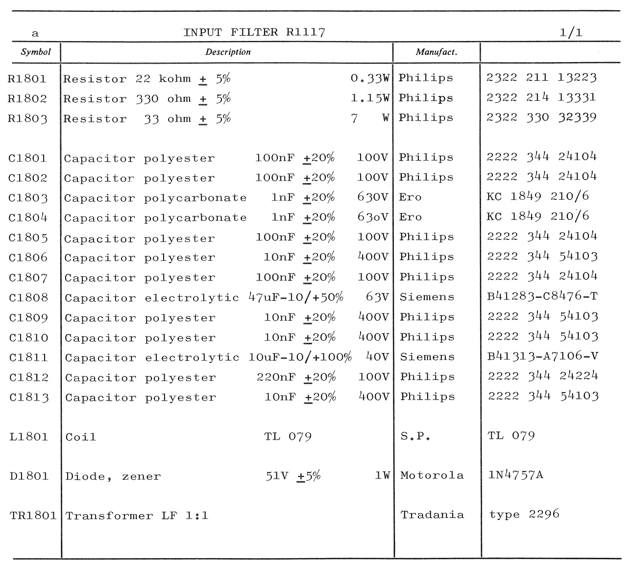 Sailor R1117 Input filter unit parts list 1
