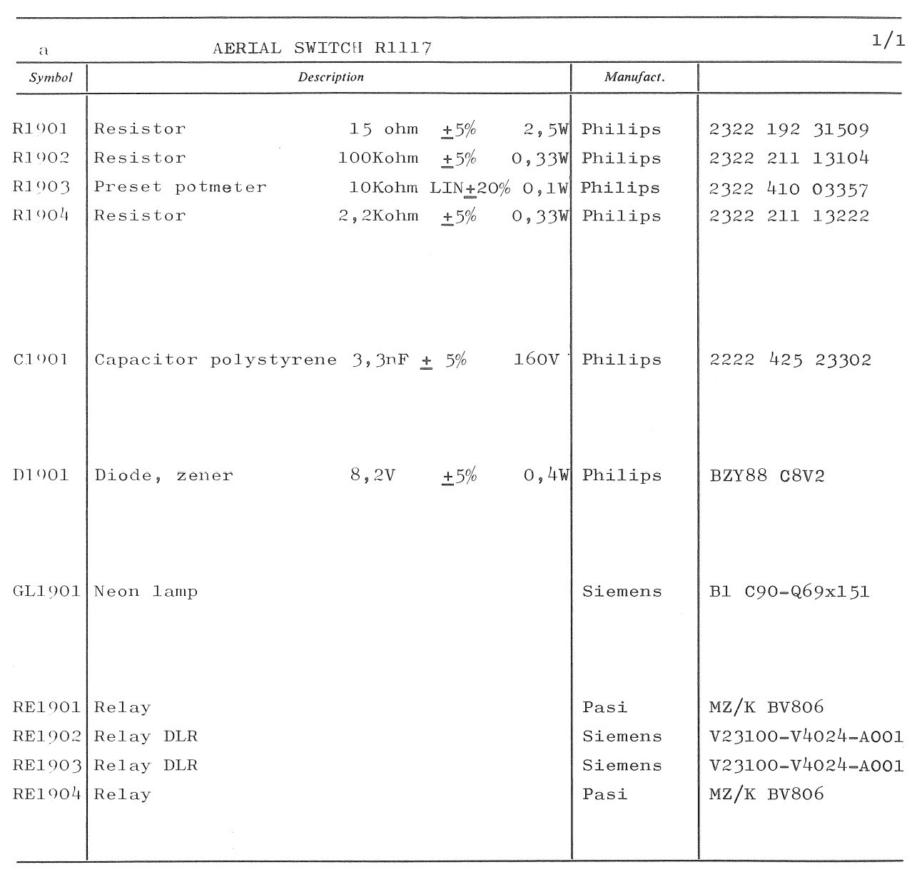 Sailor R1117 Aerial switch unit parts list 1