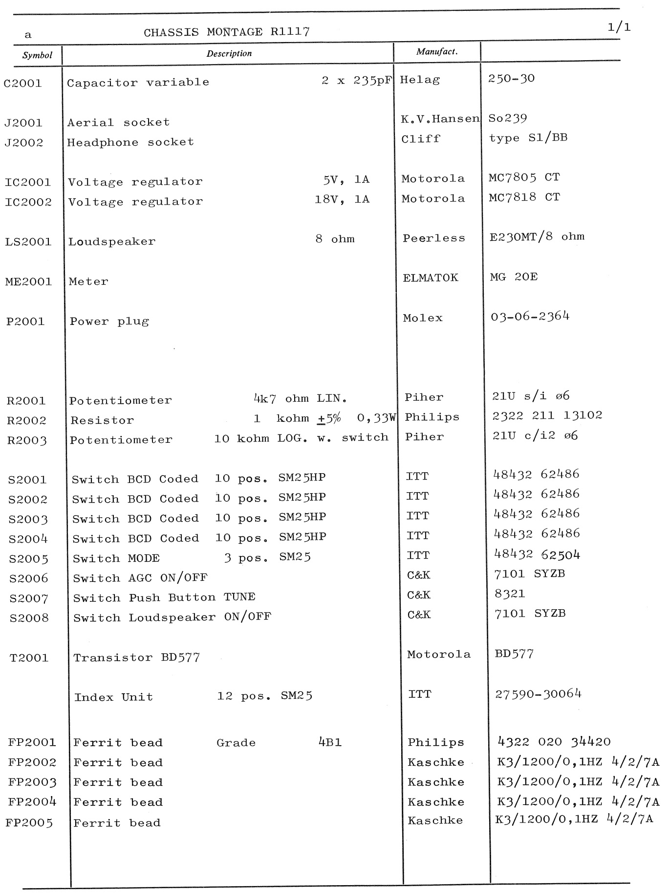Sailor R1117 Chassis montage unit parts list 1
