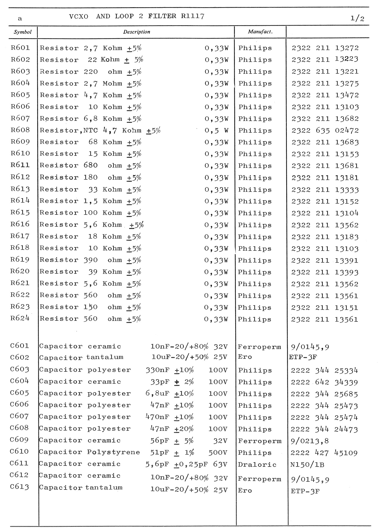 Sailor R1117 VCXO and loop 2 filter unit parts list 1