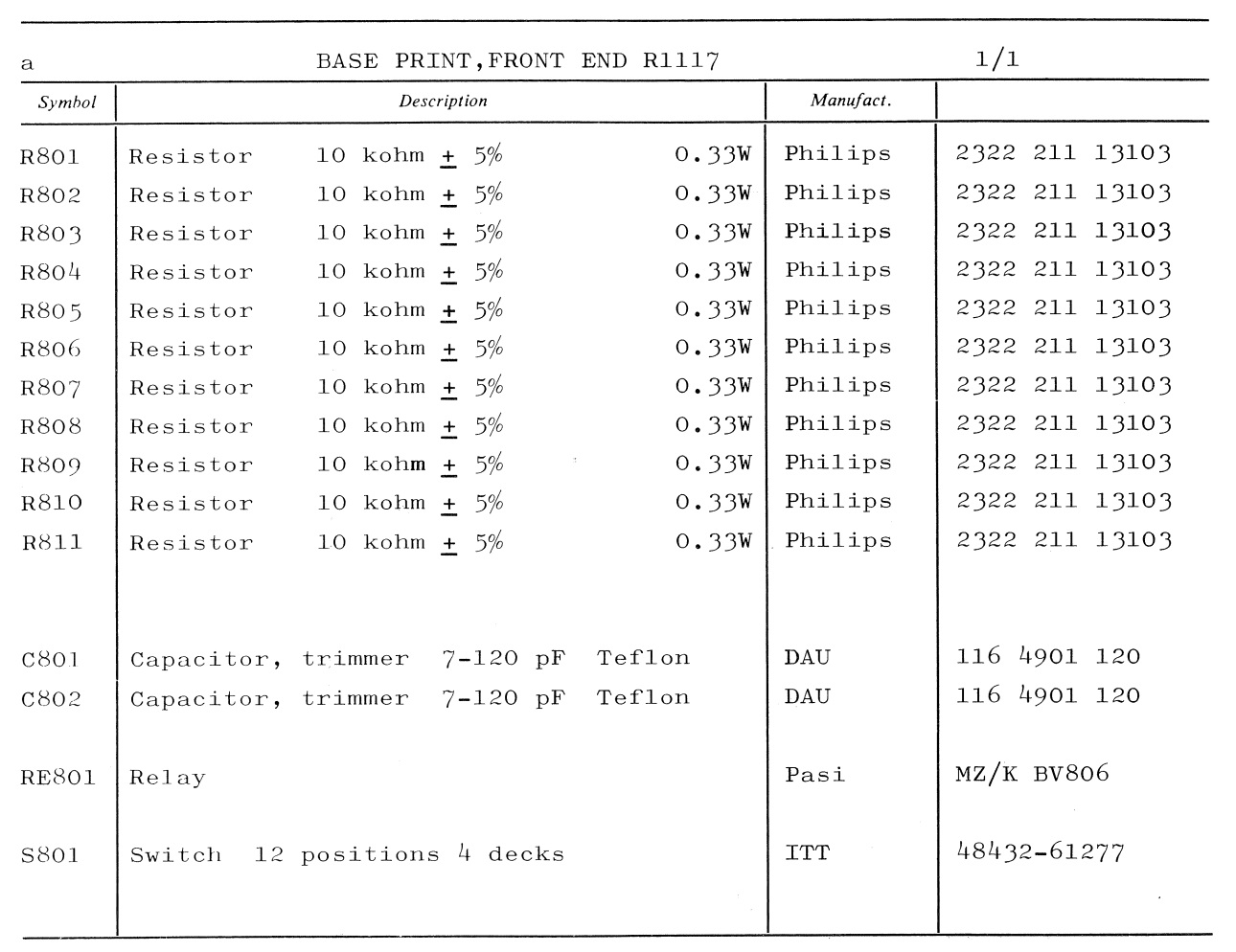 Sailor R1117 Base print, Front end unit parts list 1