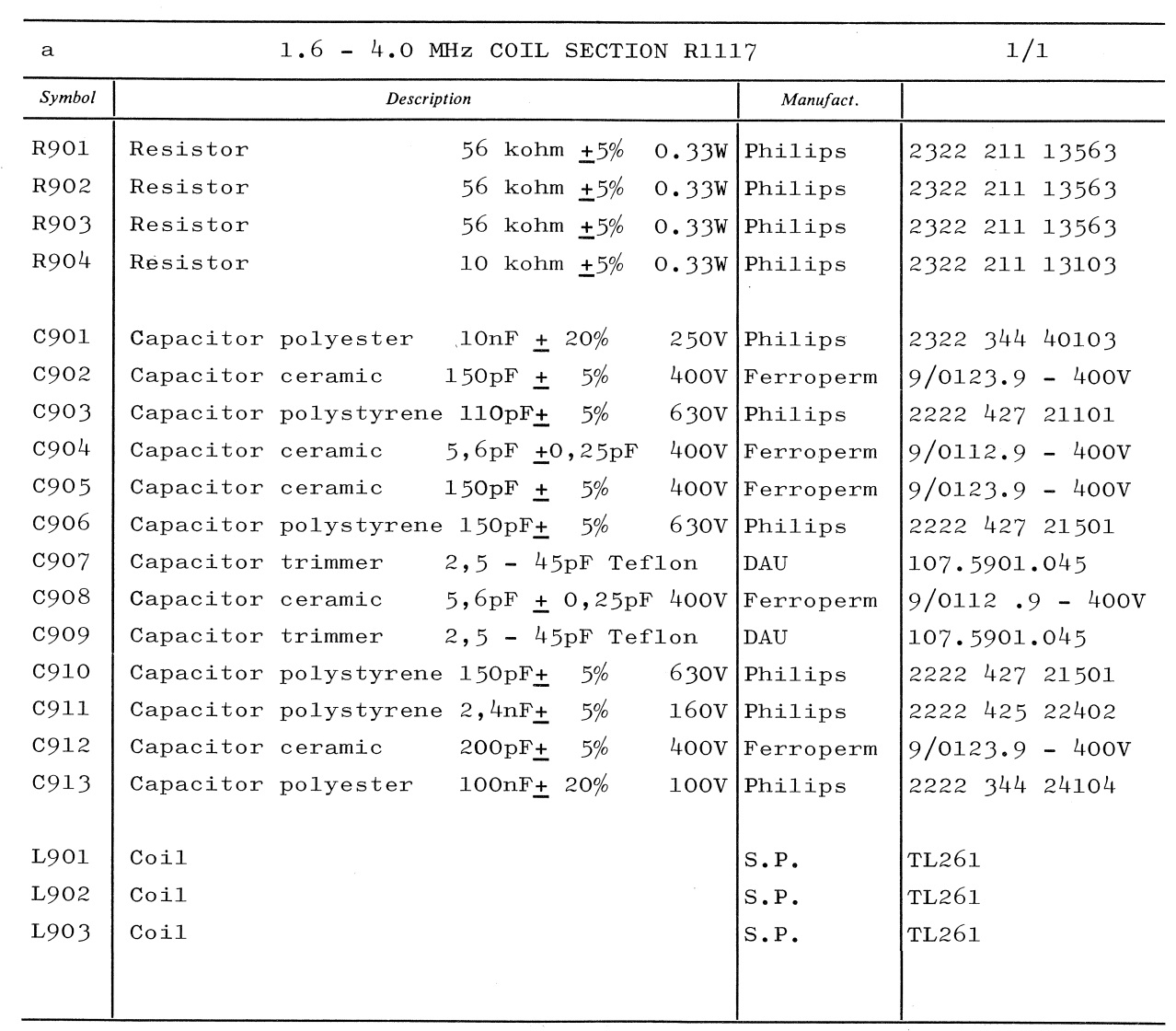 Sailor R1117 1.6 - 4.0 MHz section parts list 1
