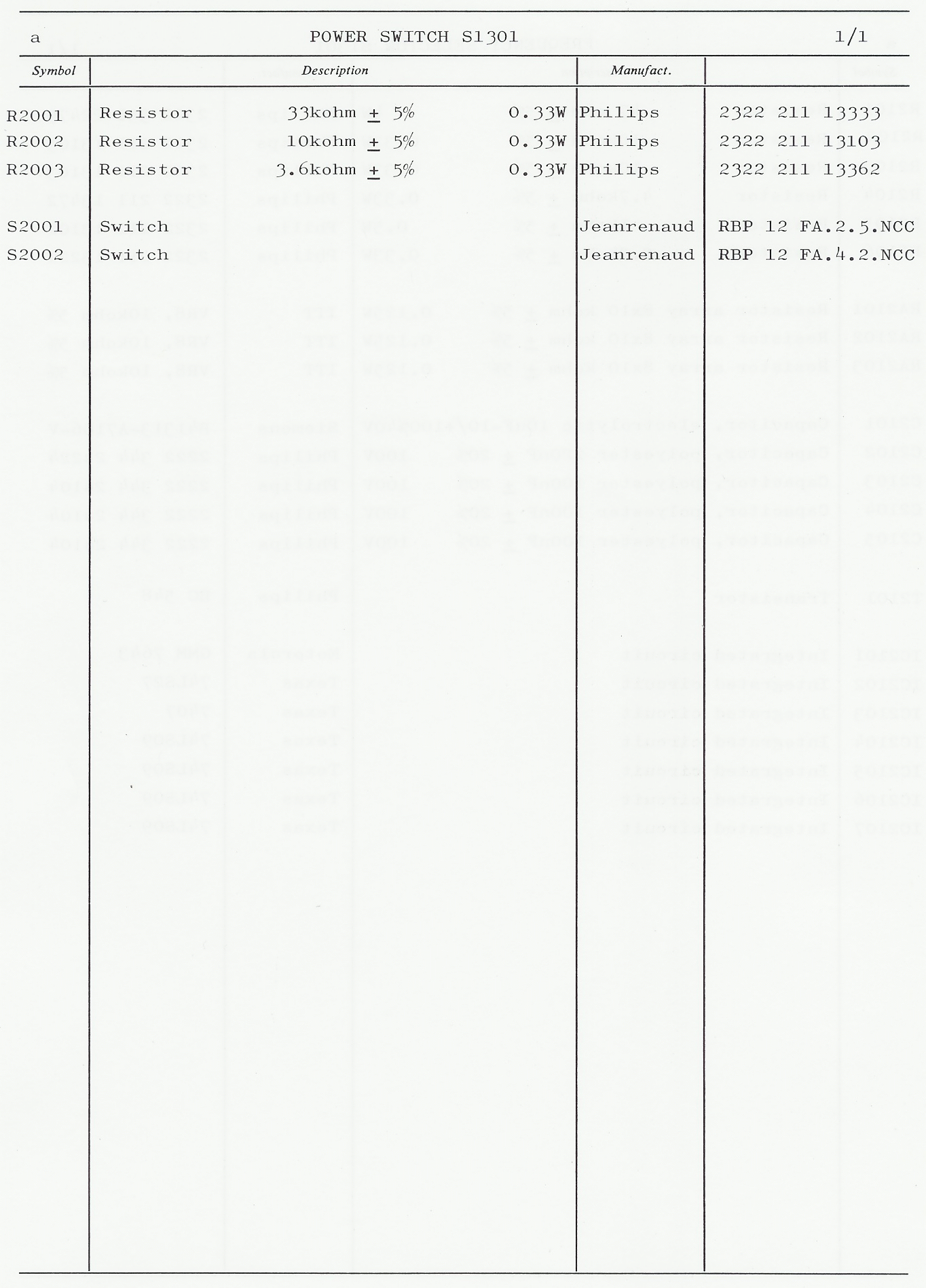 Sailor S1301 Power_switch parts list 1