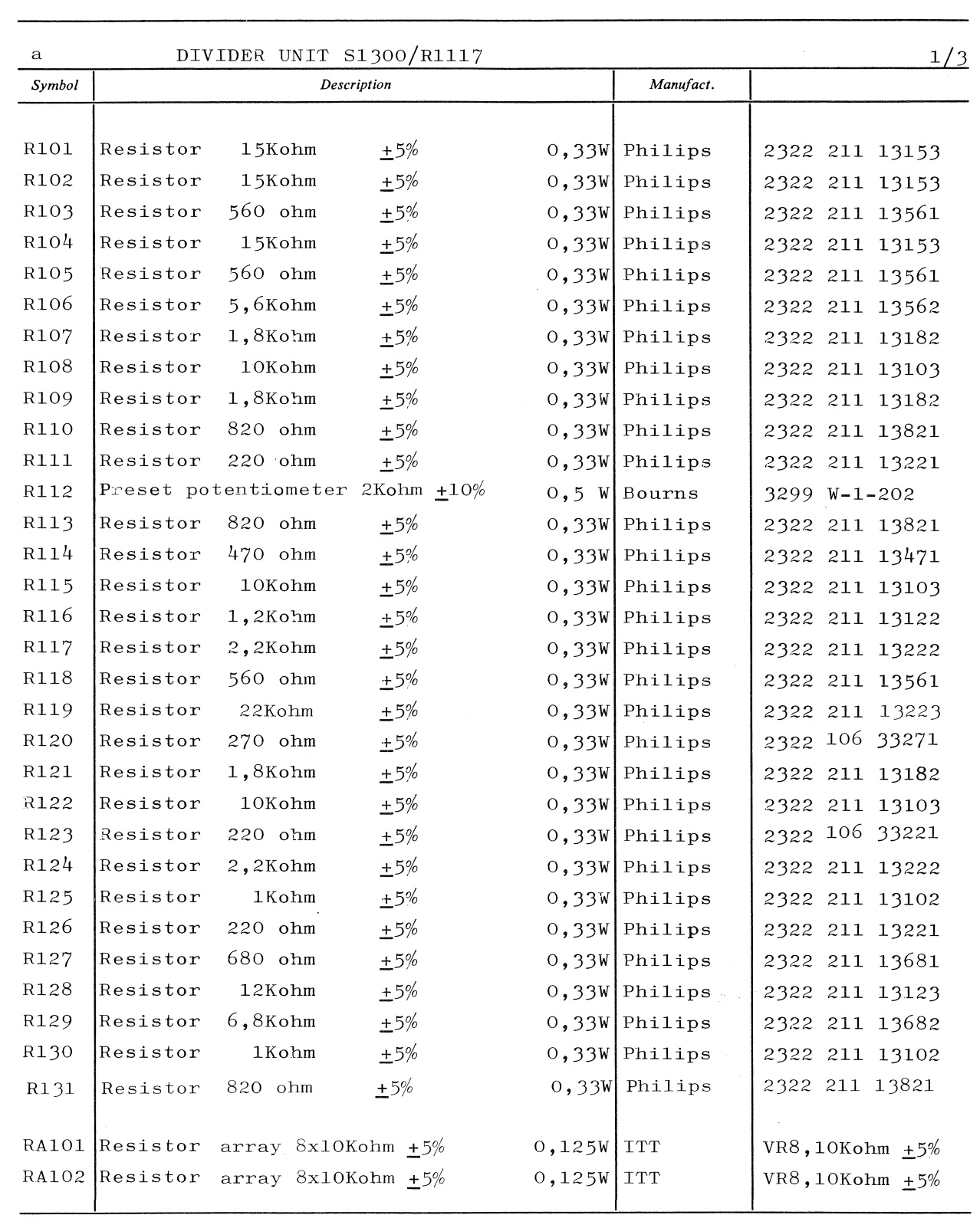 Sailor S130X Divider unit parts list 1