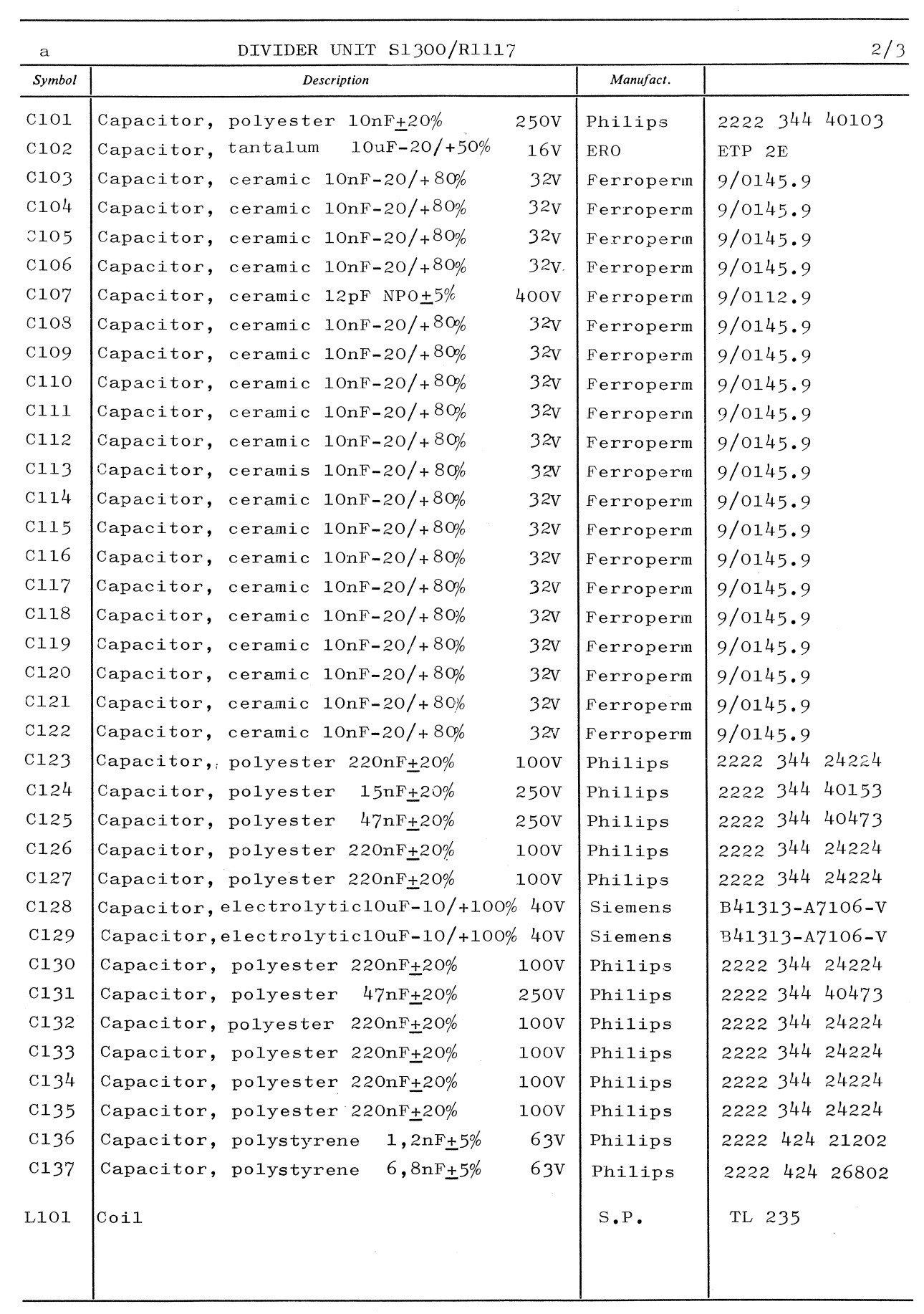Sailor S130X Divider unit parts list 2