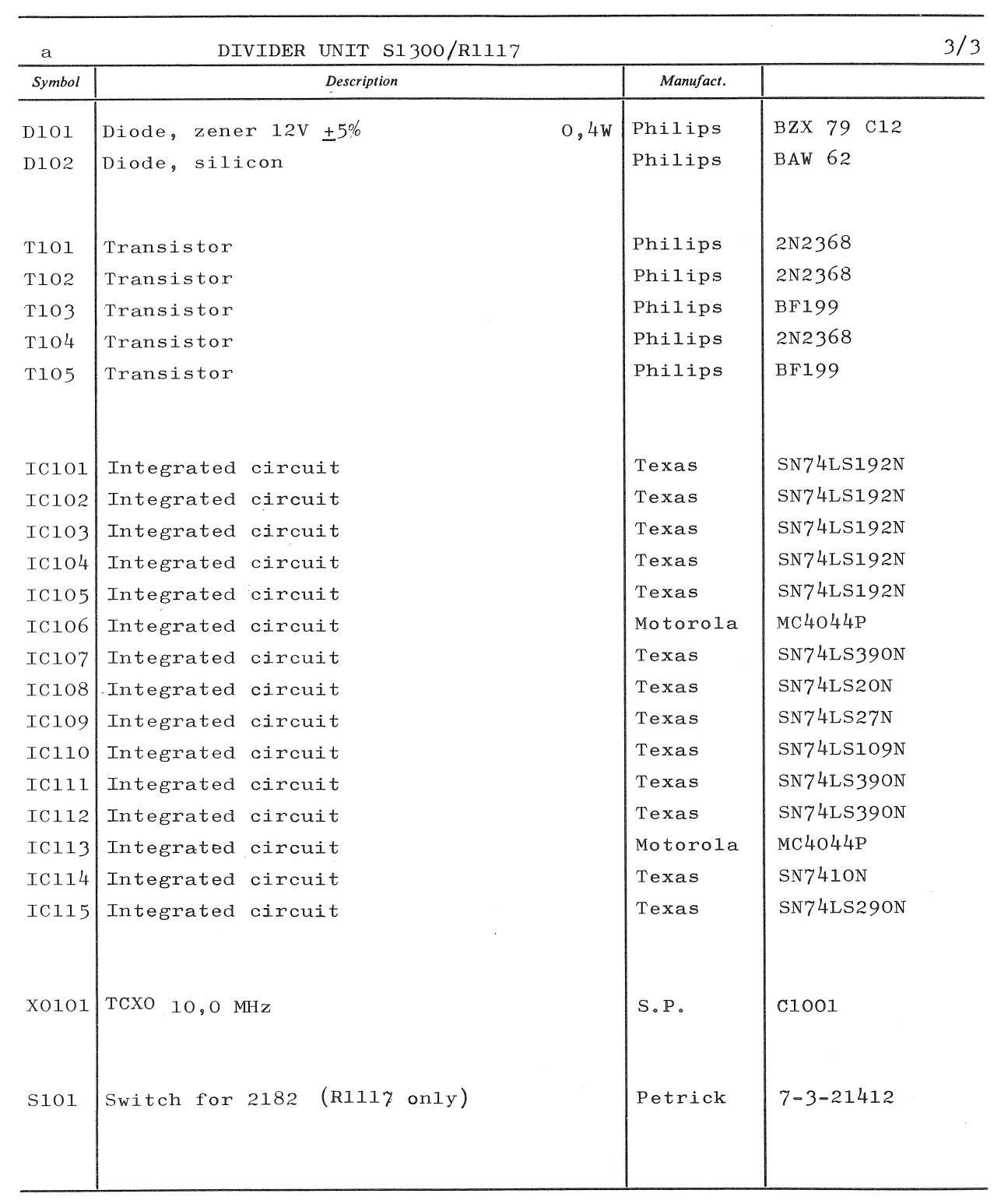 Sailor S130X Divider unit parts list 3