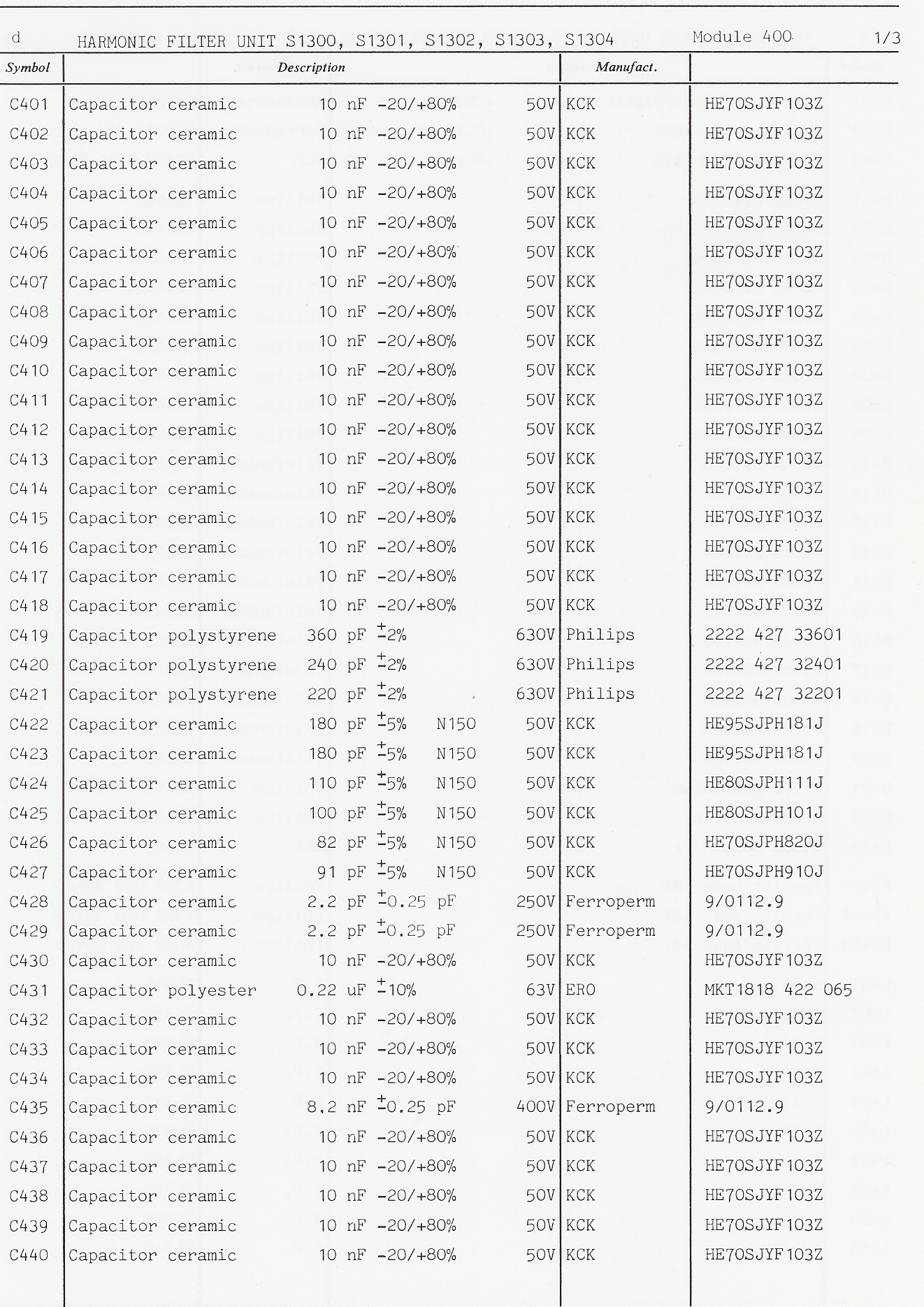 Sailor S130X Harmonic filter parts list 1