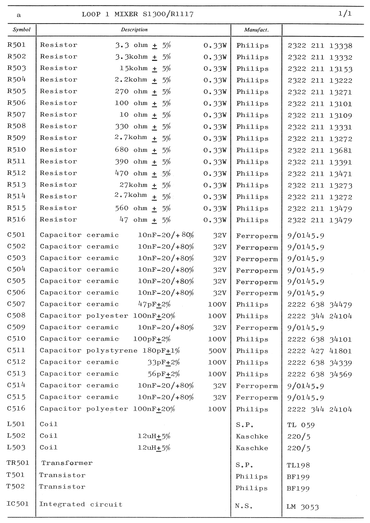 Sailor S130X Loop 1 mixer unit parts list 1