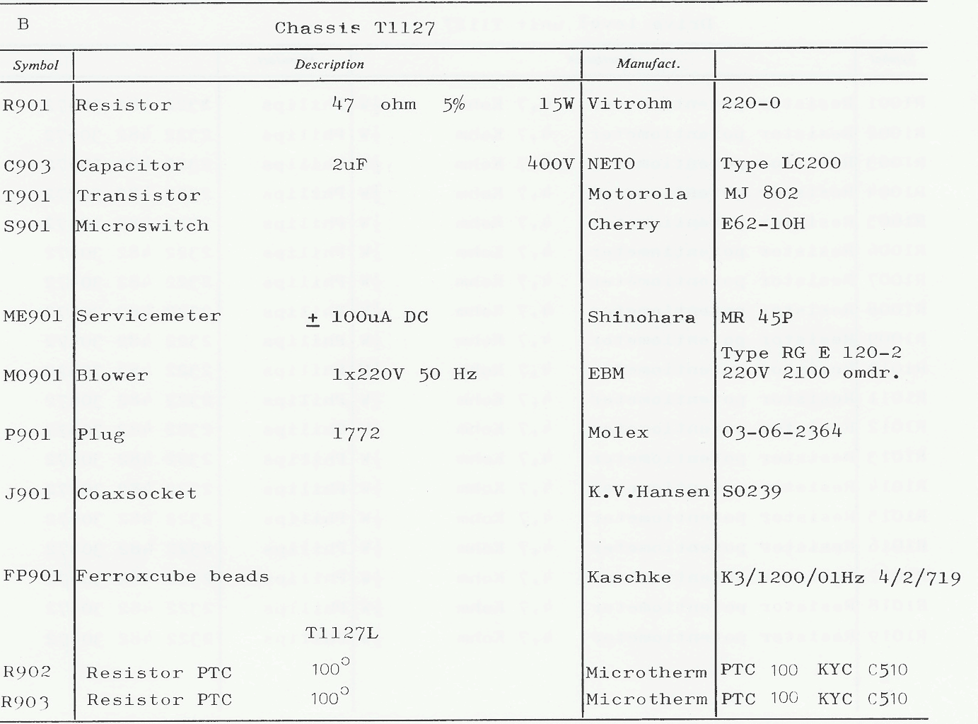 Sailor T1127 Part list Chassis 900