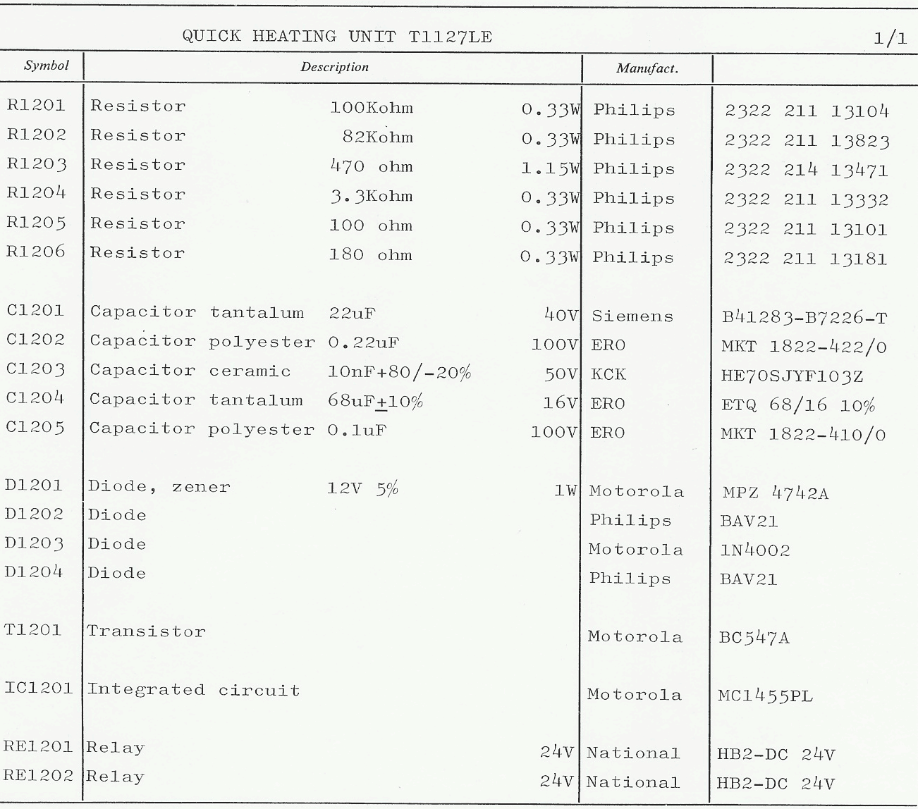 Sailor T1127 Part list Quick heating unit 1200