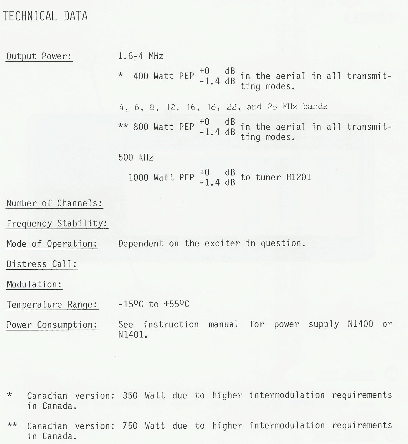 Sailor T1127 Technical data