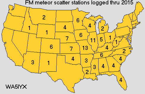 Number of FM Meteor Scatter Stations Logged from Each State thru 2015