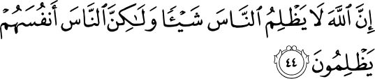 Indeed, Allah does not wrong the people at all, but it is the people who are wronging themselves. Holy Quran -10:44
