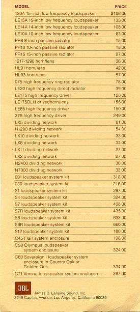 JBL Price List 1975