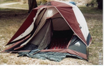 Picture of N6AJ's tent after the wind storm, he didn't bother to fix it.