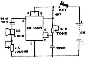 Генератор азбуки морзе. Схема генератора для азбуки Морзе. Схема звукового генератора на 555 микросхеме. Генератор сигналов Морзе на ne555. Схема генератора звука на микросхеме ne555..